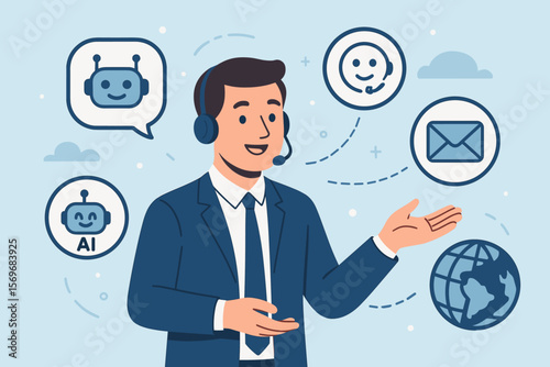 Businessman Providing AI Customer Support Solutions, Digital Helpdesk, Global Communication, 24/7 Online Assistance, Contact Center, Chatbot, Email Service, Technology Concept