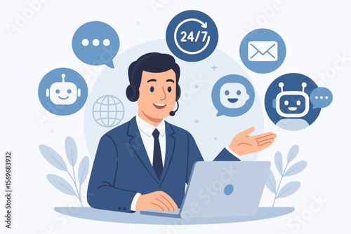 Businessman Providing 24/7 Customer Support Solutions, Digital Helpdesk Service, Online Communication, AI Chatbot Assistance, Global Contact Center, Email and Messaging Icons