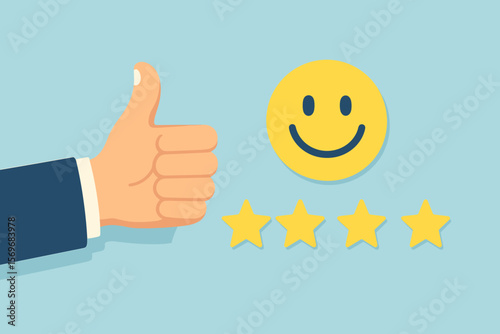 Customer satisfaction feedback concept. Thumbs up hand gesture, happy smiley face icon, five star rating, positive review, best service, quality evaluation, approval, blue background