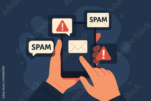 Cybersecurity spam email alert concept. Person using smartphone with spam notification, warning sign, phishing message, email security risk, cybercrime prevention, data protection