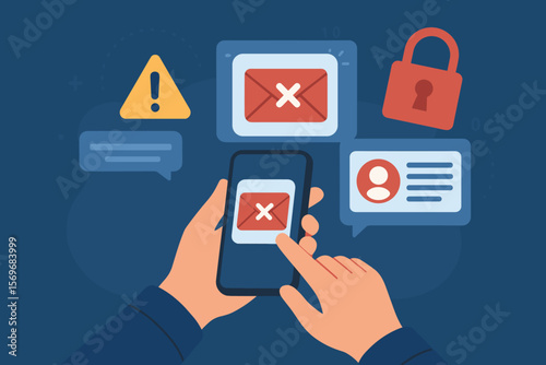 Cybersecurity Spam Email Alert Concept. Person Using Smartphone with Warning Notification, Blocked Message, Data Protection, Phishing Scam, Online Security Awareness, Digital Safety