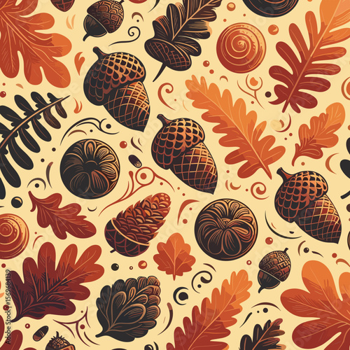 Decorative autumn pattern, warm mood, featuring leaves and acorns, nature-inspired background