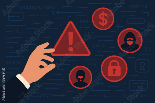 Cybersecurity threat alert concept with hand reaching for warning sign, hacker, lock, dollar, digital danger, system hack, data breach, identity theft, financial risk icons