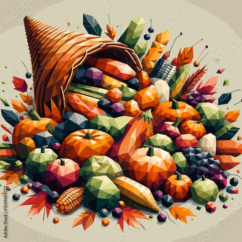Abstract harvest cornucopia, festive mood, overflowing with colorful fruits and vegetables, autumn background