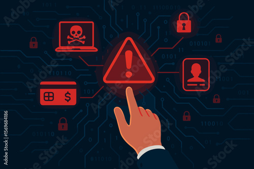 Cyberattack warning concept with hand reaching toward digital red alert icons, representing system hacks, data breaches, malware, financial threats, identity theft, cybersecurity risk