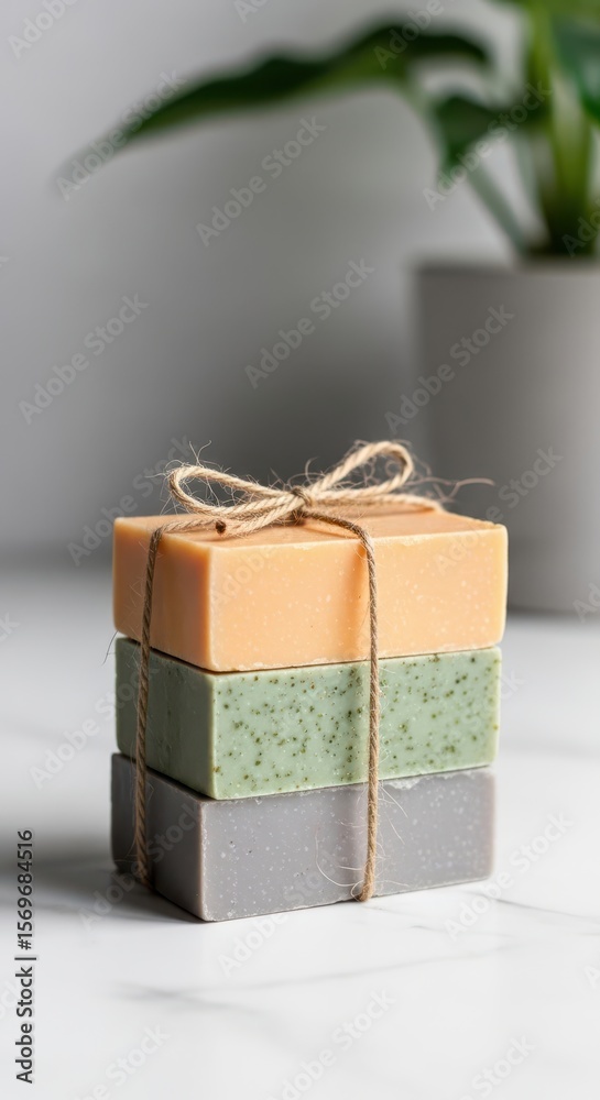 Obraz premium Three bars of handmade soap stacked and tied with twine, with a green plant in the background