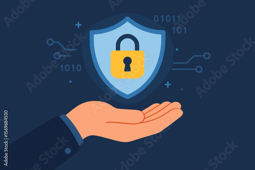 Cybersecurity digital shield and padlock icon above hand. Data protection, secure technology, online privacy, internet safety, information security, encryption concept illustration