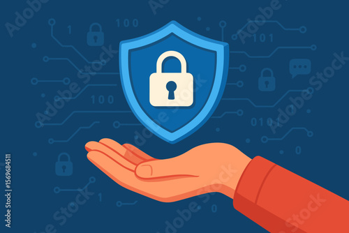 Cybersecurity digital shield padlock icon floating above hand. Data protection, secure technology, online privacy, internet safety, information security, encryption, cyber defense