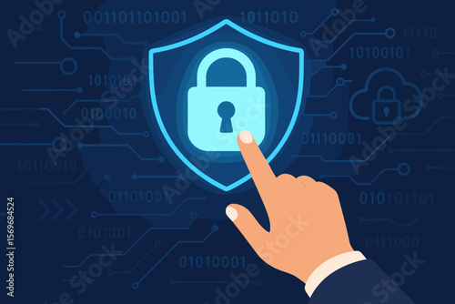 Cybersecurity protection concept with hand touching glowing padlock on shield, representing data security, encryption, secure digital access, privacy, online safety, network defense