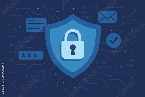 Cybersecurity protection digital shield with lock icon. Data privacy, online security, information safety, encryption, secure technology, password, network defense, cyber threat prevention