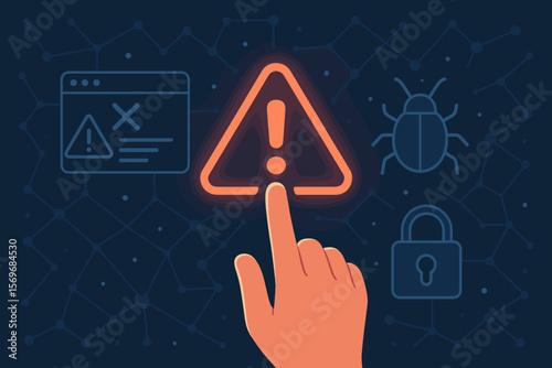 Cybersecurity warning concept with hand pressing glowing alert icon, system error, malware risk, virus threat, data breach prevention, digital network security illustration