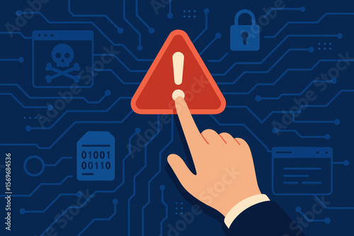 Cybersecurity warning alert with hand pressing exclamation icon, digital network system error, malware threat, data breach risk, hacking prevention, online security concept