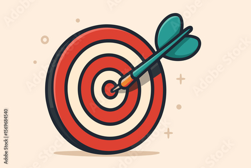 Bullseye dartboard with arrow hitting center. Target success, accuracy, achievement, goal setting, motivation, focus, business strategy. Modern flat cartoon vector illustration.
