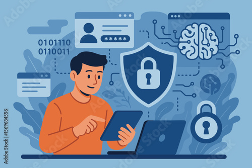 Cybersecurity AI technology concept with data protection, secure login, user authentication, password encryption, digital privacy, online safety, shield lock icon, futuristic interface