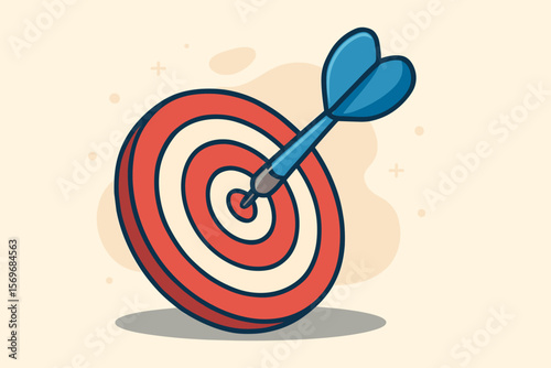 Bullseye dart hitting target center. Success achievement concept. Red dartboard with blue arrow. Precision aim. Motivation, goal setting, business strategy, vector cartoon illustration