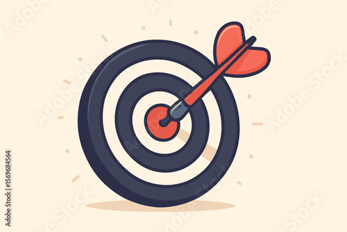 Bullseye target with dart hitting center. Success achievement concept. Precision goal setting. Business motivation. Flat vector illustration. Focus strategy. Accurate aim metaphor.