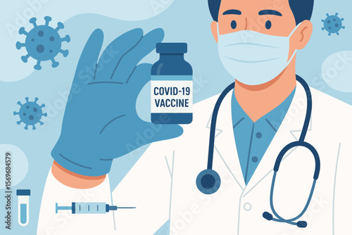 COVID-19 Vaccine Development Concept. Doctor Holding Coronavirus Vaccine Bottle. Medical Research, Immunization, Vaccination, Syringe, Virus Prevention. Flat Vector Illustration