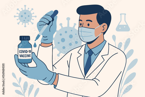 COVID-19 Vaccine Development Concept. Doctor in Lab Coat Holding Vaccine Vial and Syringe. Coronavirus Immunization, Medical Research, Laboratory Science, Healthcare Illustration.