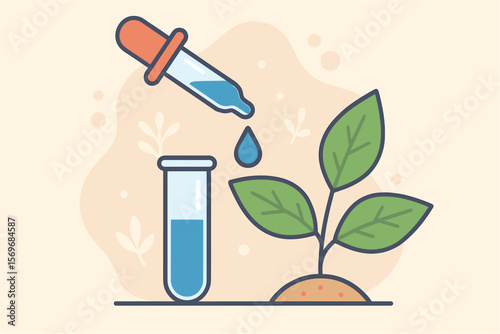 Biotechnology research concept with dropper adding chemical sample to herbal plant, natural extracts, laboratory experiment, scientific innovation, modern flat vector illustration