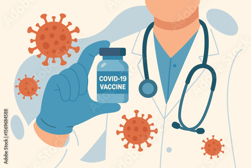COVID-19 Vaccine Development Concept. Doctor Holding Coronavirus Vaccine Vial. Medical Immunization, Virus Protection, Pandemic Prevention, Healthcare Worker, Flat Vector Illustration