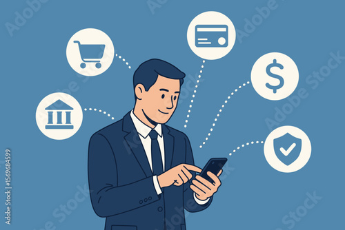 Digital banking network, internet payment, financial technology FinTech concept. Businessman using smartphone, online shopping, e-commerce, secure transaction, mobile banking icons