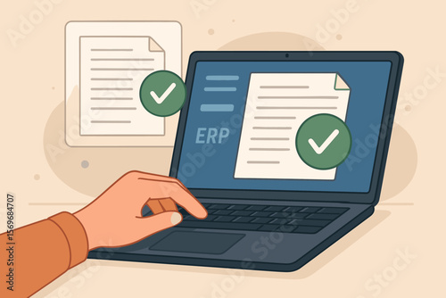 Hand using laptop computer with ERP software, digital document approval, paperless workflow, quality assurance, online management, electronic signature, business process automation