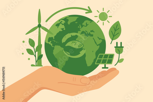 Hand Holding Green Earth with Renewable Energy Icons, Solar Panel, Wind Turbine, Leaf, Plug, Sun, Symbolizing Net Zero, Carbon Neutrality, Clean Technology, Climate Change, Sustainability
