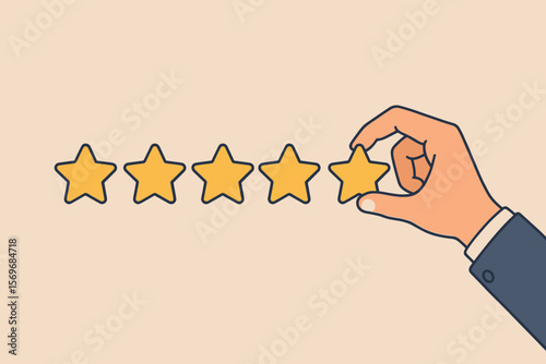 Customer hand adding fifth star to complete five star rating. Client feedback, service review, satisfaction evaluation, quality assurance, positive experience, flat vector illustration