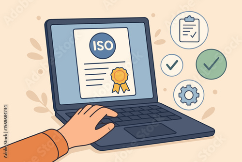 ISO certification online approval, quality control, compliance management, international standards assurance, business audit, document verification, hand using laptop