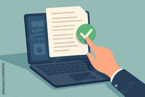 Online document approval process. Hand clicking check mark on laptop screen. Paperless workflow, digital signature, quality assurance, ERP management, business automation concept