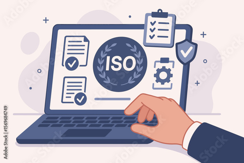 ISO Certification Compliance Management, Quality Control, Document Approval, International Business Standards, Laptop Interface, Assurance, Regulatory Audit Concept