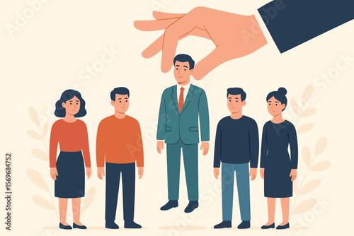 Human resources manager hand selects standout employee from group. Recruitment, hiring, leadership, talent acquisition, HRM, HRD, candidate selection, business team concept illustration