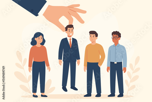 Human resources manager hand selects standout employee from group. Recruitment, hiring, candidate selection, leadership, talent acquisition, HRM, HRD, teamwork, modern flat vector