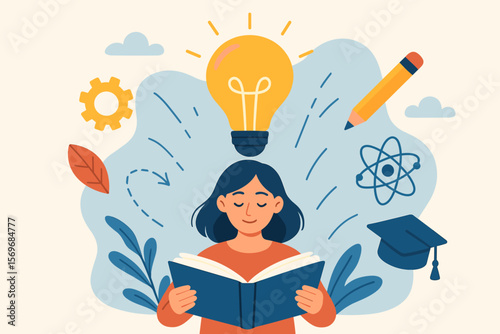 Creative self-learning and education concept. Girl reading book with lightbulb idea, science, graduation cap, pencil, gear. Inspiration, knowledge, innovative study, academic growth.
