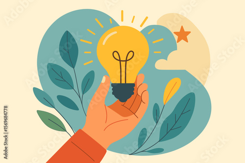 Creative inspiration concept. Human hand holding glowing light bulb. Innovation, new idea, creativity, sustainable business, growth, brainstorming, motivation, success, nature.