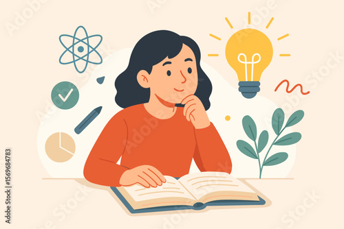 Creative self-learning and education concept. Student reading book, gaining inspiration and knowledge. Innovation, idea generation, study motivation, science, research, academic growth