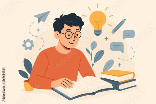 Creative self-learning and education concept with student reading books, generating innovative ideas, knowledge inspiration, study motivation, academic growth, creative thinking