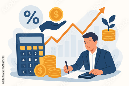 Financial planning and investment calculation concept. Businessman with calculator, coins, percentage, growth chart, ROI, savings, income, retirement, dividend, compensation fund