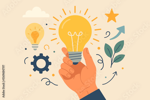 Creative innovation concept. Human hand holding glowing light bulb. Inspiration, idea generation, sustainable business growth, creativity, brainstorming, success, motivation, development