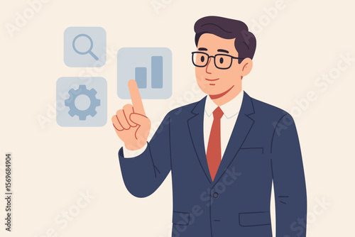Businessman in suit interacting with virtual interface, touching digital icons for analytics, search, and settings. Modern flat vector illustration of business technology concept.