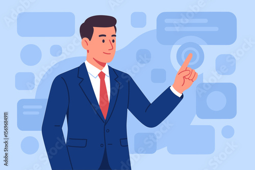 Businessman in suit interacting with futuristic digital interface, touchscreen technology concept, modern flat vector cartoon illustration for business and technology