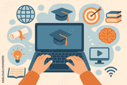 Online education digital learning concept. Hands typing on laptop with graduation cap, diploma, brain, target, books, video, internet, e-learning, knowledge, study icons