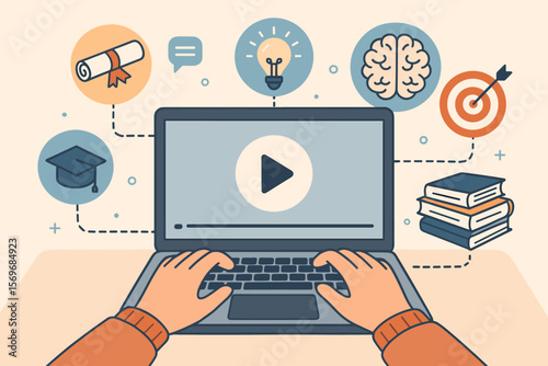 Online education and digital learning concept. Hands typing on laptop with diploma, graduation cap, brain, target, books, lightbulb icons. E-learning, knowledge, skills, training