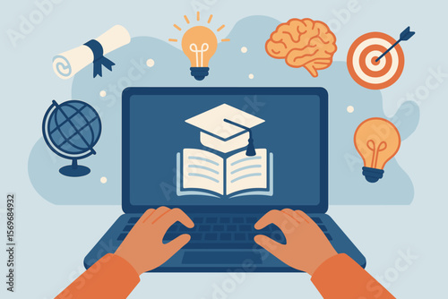 Online education and digital learning concept with hands typing on laptop, graduation cap, diploma, brain, target, light bulbs, globe, e-learning platform, knowledge, achievement
