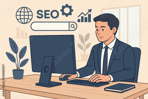 SEO specialist working at computer in modern office. Digital marketing expert analyzing search engine optimization, data analytics, website ranking, business growth strategy concept
