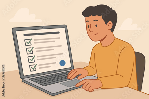 Online survey evaluation form concept. Person completing digital checklist, assessment, feedback, HR evaluation, quiz or questionnaire on laptop. Remote work, e-learning, digital form.