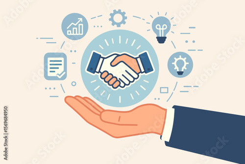 Digital procurement interface handshake icon on businessman hand, symbolizing contract agreement, document workflow, business partnership, smart supply chain solutions