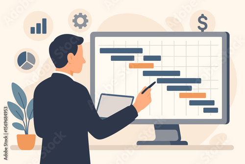 Business project manager planning tasks with Gantt chart on computer, scheduling activities, managing deliverables, corporate strategy, finance, workflow, productivity, office