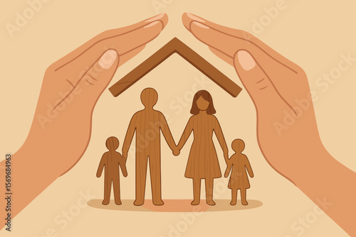Protective hands sheltering wooden family figures under roof. Family protection, home safety, foster care, charity support, mental health, insurance, security, care concept