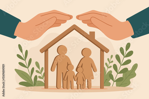 Protective hands sheltering wooden family figures under house roof. Family protection, home safety, foster care, charity support, mental health, security, care concept illustration